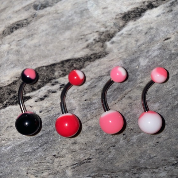 4 Belly Button Ring Set Heart Set Black Pink - Picture 3 of 3